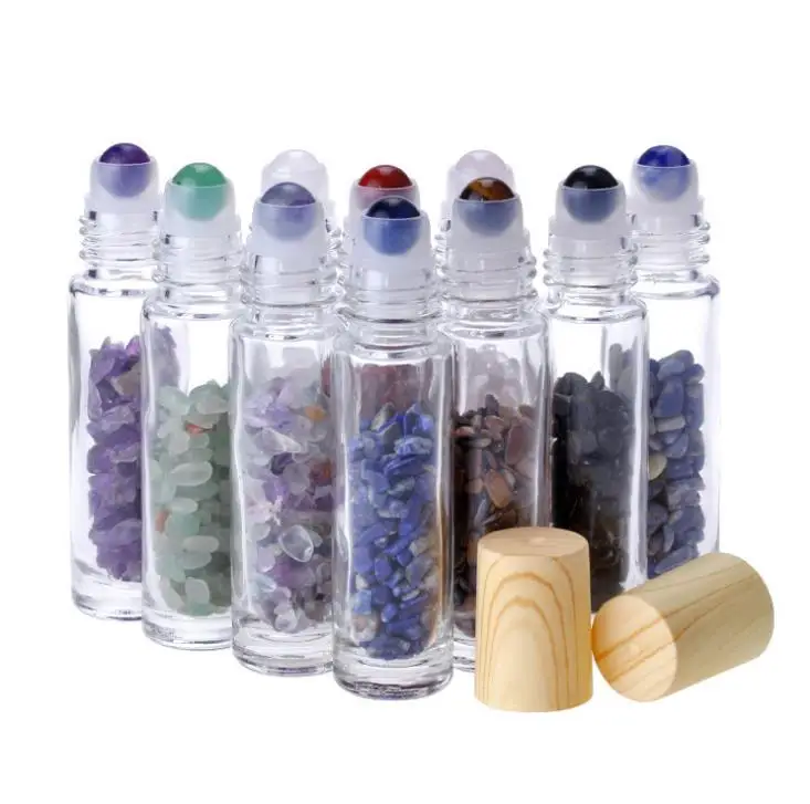 

Essential Oil Diffuser 10ml Clear Glass Roll on Perfume Bottles with Crushed Natural Crystal Quartz Stone,Crystal Roller Ball SN