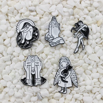 

Mysterious girl enamel pin dance applause sleeping girl wings angel hug black cat covering face punk lapel brooch jewelry gift
