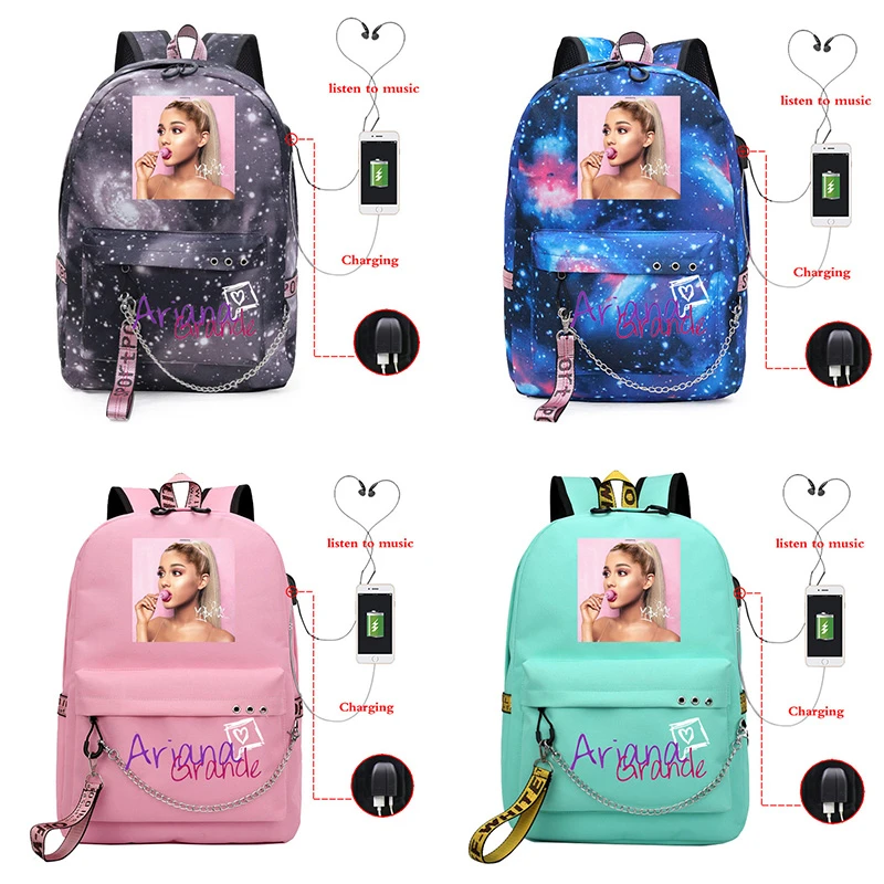 Ariana Grande con carga Usb para mujer, morral escolar para chicas adolescentes, Mochila viaje para ordenador portátil|Mochilas|