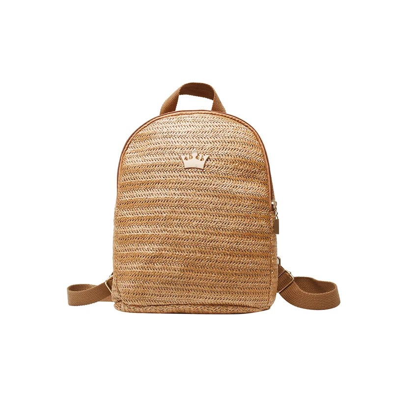 Mochila de paja tejida para mujer, saco bohemio de ratán con corona, de viaje, escolar, BP3016