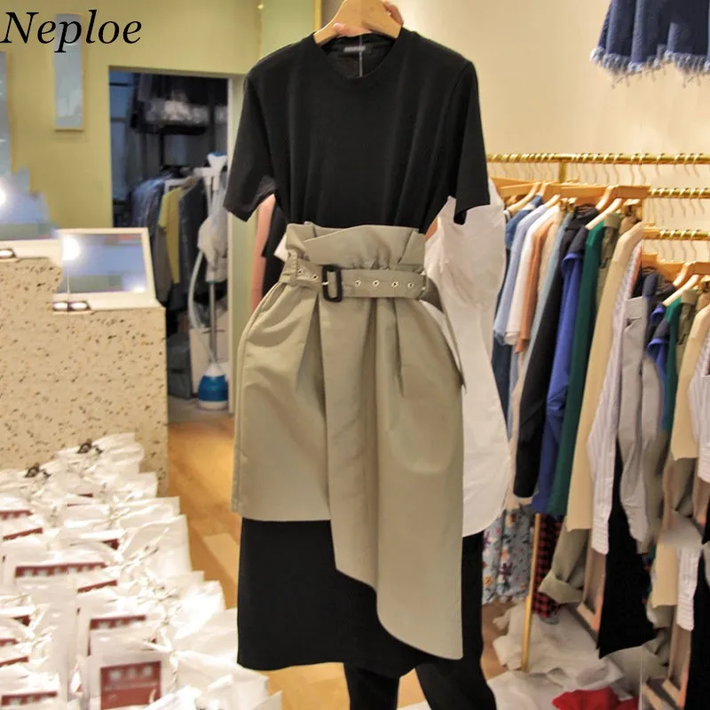 Neploe корейские женские платья из двух частей с коротким рукавом в стиле пэчворк
