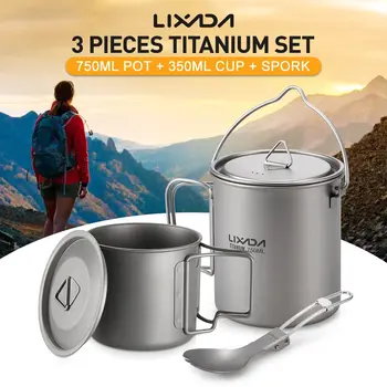 

Lixada Titanium 3Pcs/Set 750ml Pot 420ml Water Cup Mug with Lid Collapsible Handle Folding Spork for Outdoor Camping Hiking