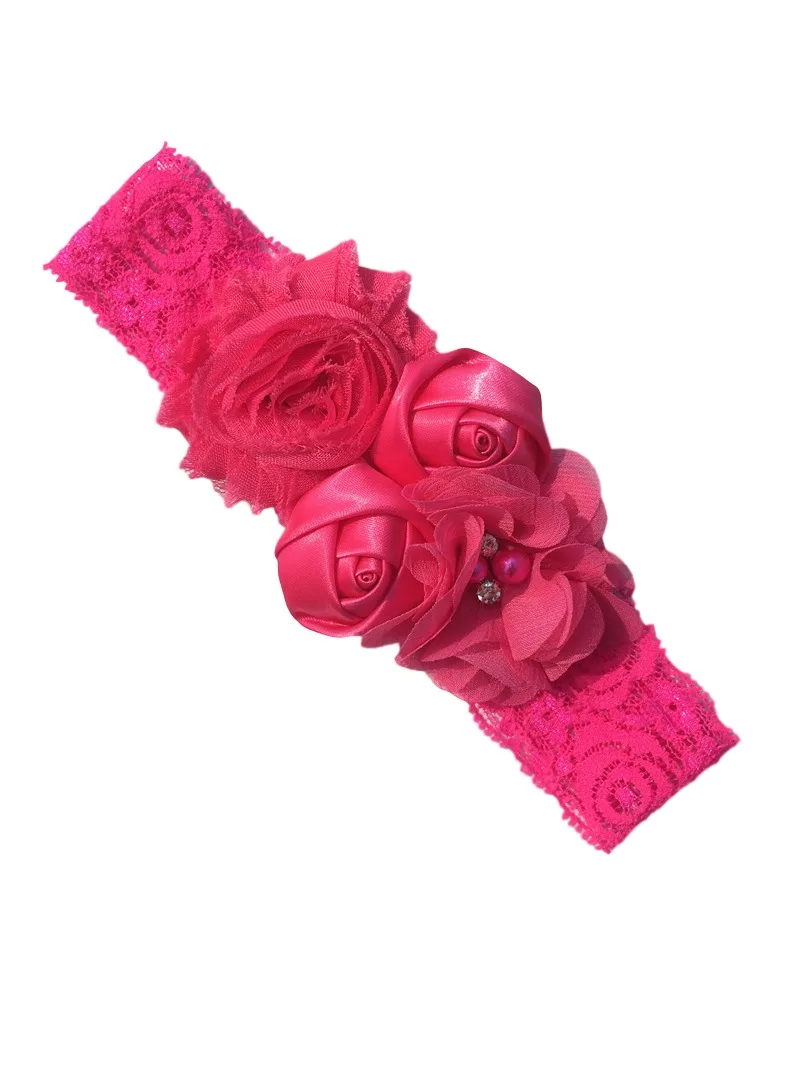 15 hot pink Детская повязка на голову для новорожденных; Розовая эластичная лента для волос; шифоновые Цветочные Стразы; кружевные повязки на голову; аксессуары для волос для маленьких девочек; головные уборы - Цвет: 15 hot pink