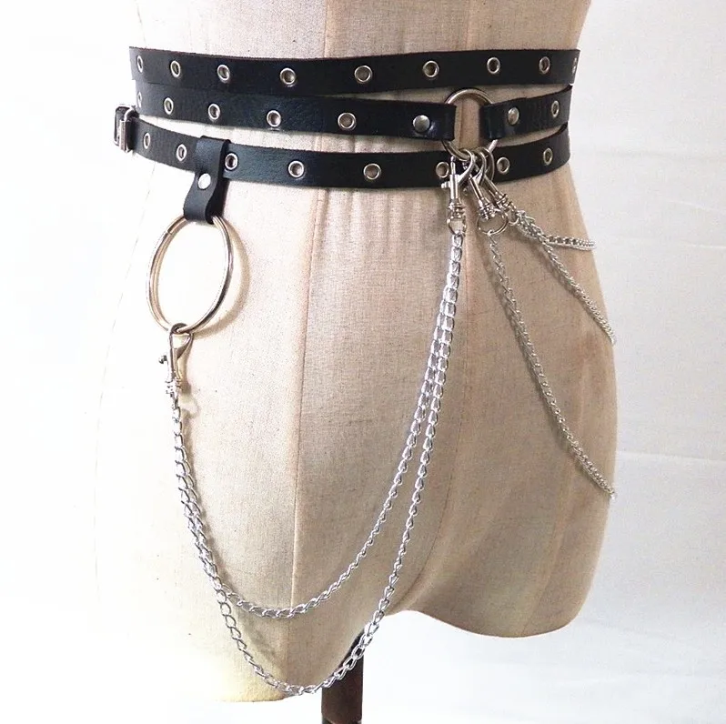 2021 New Punk Gothic Faux Leather Belt Metal Chain Ring Waist Strap Street Dance Decor pink belt
