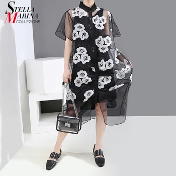 

New 2020 Two Piece Women Black Flower Printed Mesh Dress With Inner Vest Ladies Plus Size Casual Wear Dress Robe Femme 6198