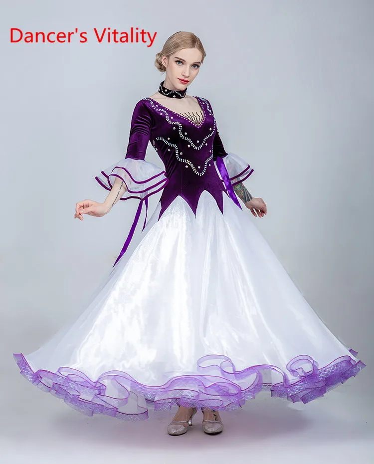 Новое модное современное танцевальное бальное платье с расклешенными рукавами и большим подолом с бриллиантами, длинное платье, бальная национальная стандартная танцевальная одежда