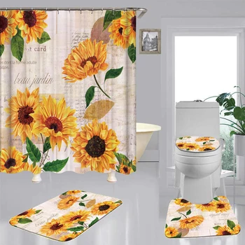 

Waterproof Shower Curtain Sunflower Carpet Lid Bathroom Mat Foot Pad C-shaped Hook Polyester Bathroom Products