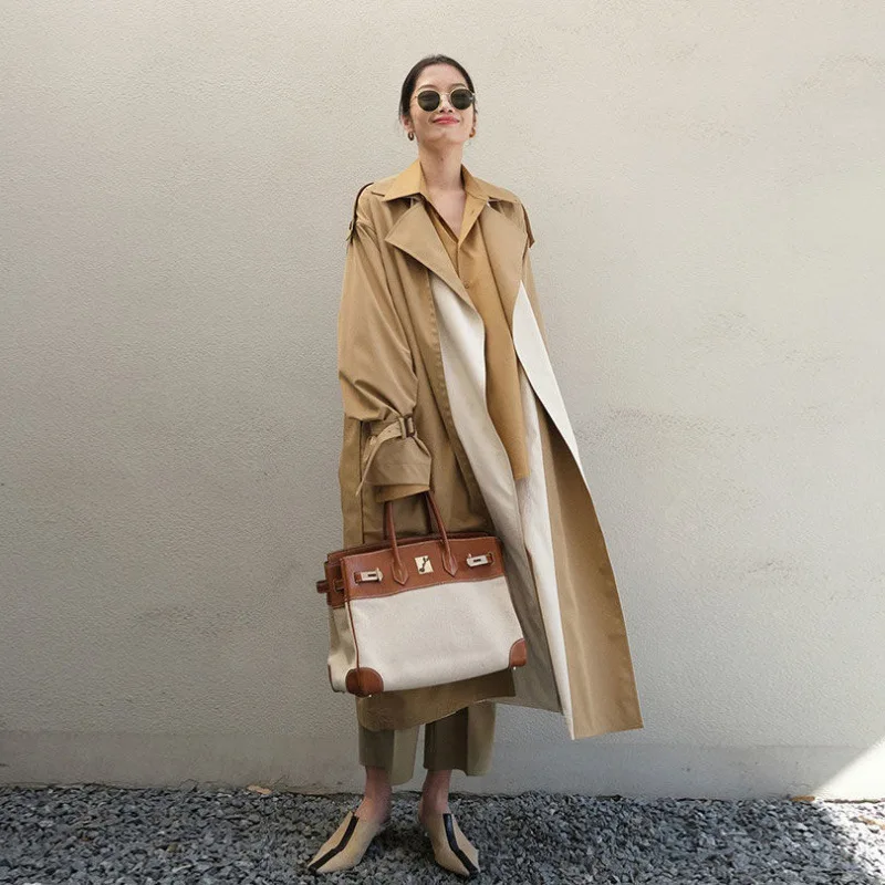 Trench Coat Long Stitching Contrast Color Fake Two-piece 2022 Spring/autumn Luxury Windbreaker Single Breasted Coats Women | Женская
