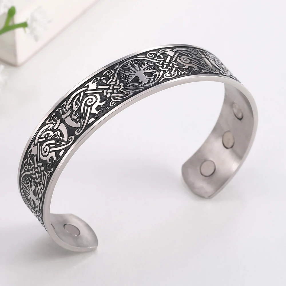 Viking Bangles Endless Love Knots Tree of Life Birds 316L Stainless Steel Cuff Magnetic Bangle Therapy Health Men Jewelery