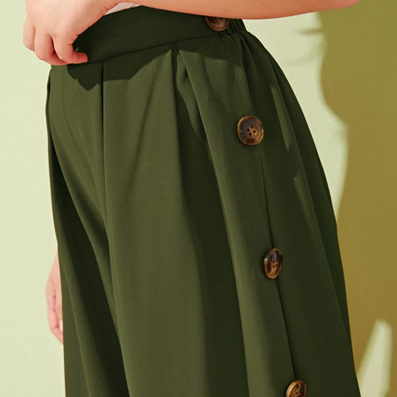 SHEIN Kiddie Girls Solid Button Side Pleated Palazzo Casual Pant Kids Bottom Summer High Waist Teenagers Loose Pants