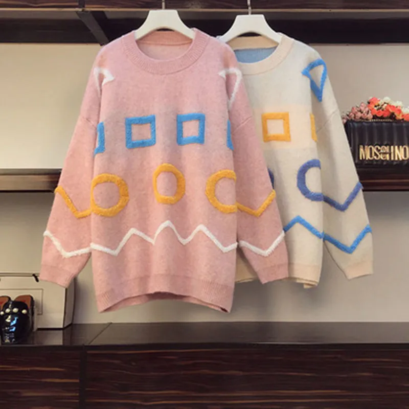 

Plus Size High Quality Fashion Casual Loose Sweater Women Fall Winter New Geometric patterns Embroidery Knitted Pullover