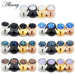 Alisouy 2pcs Stainless Steel Punk Double Sided Round Ore Crystal Men Women Dumbbells Barbell Ear Stud Earrings Piercing Jewelry