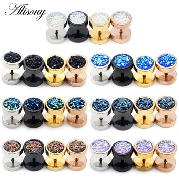 Alisouy 2pcs Stainless Steel Punk Double Sided Round Ore Crystal Men Women Dumbbells Barbell Ear Stud Earrings Piercing Jewelry