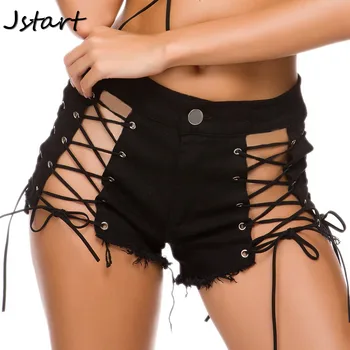 

Women Sexy Mini Short Jeans Booty Shorts Denim With Hole Hollow Out Solid Black Color High Waist Casual Hot Party Bottom