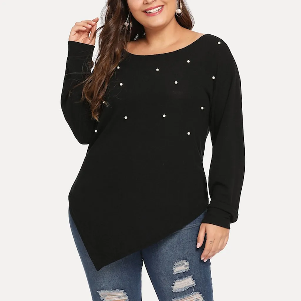

Plus Size Winter Womens Sweater Woollen Tops Long Sleeve O-Neck Pearls Asymmetric Hem Tee Pullover Sweater Women Jumpers Tops