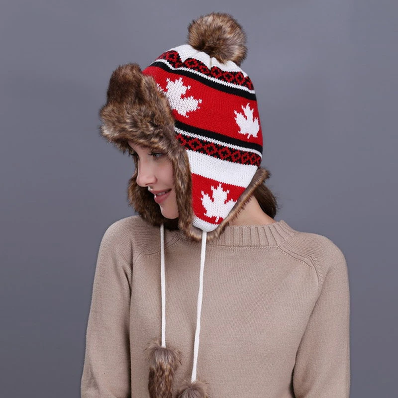 brown leather bomber hat Winter Beanie for Women Maple Leaf  Earmuffs Hat Plush Outdoor Knitted Wool  Bomber Hats Snow Ski Thick Knit Wool Fluffy Hat warmest bomber hat