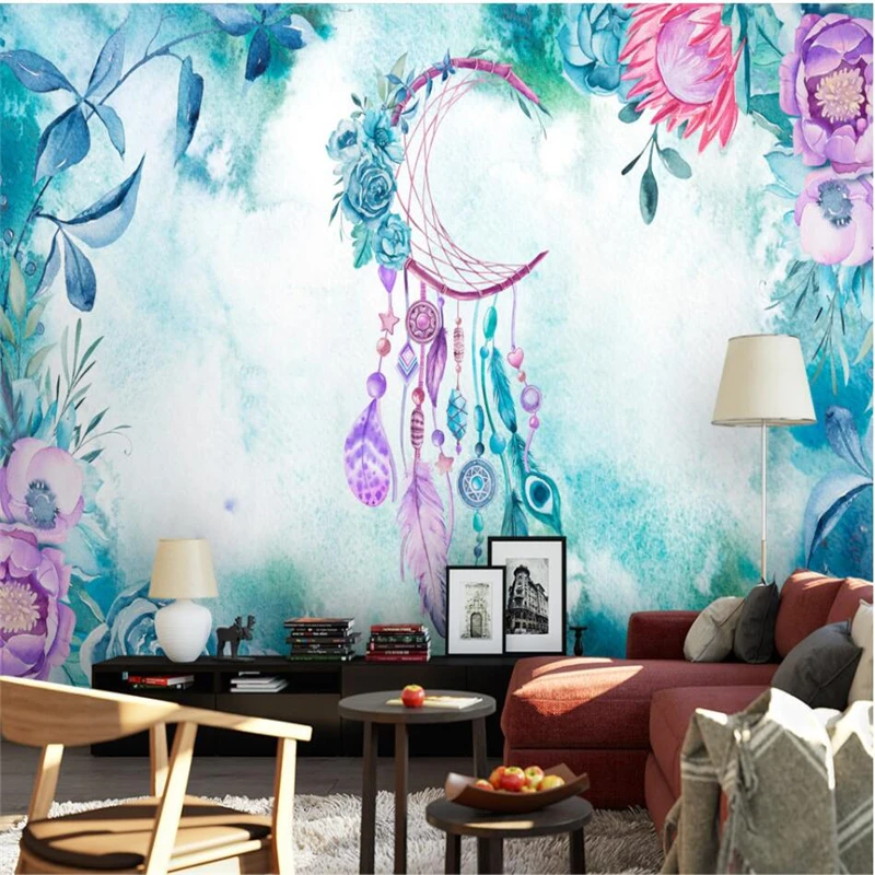 Beibehang-Nordic-modern-art-hand-painted-watercolor-flowers-and-plants-feather-wall-custom-large-mural-green (1)