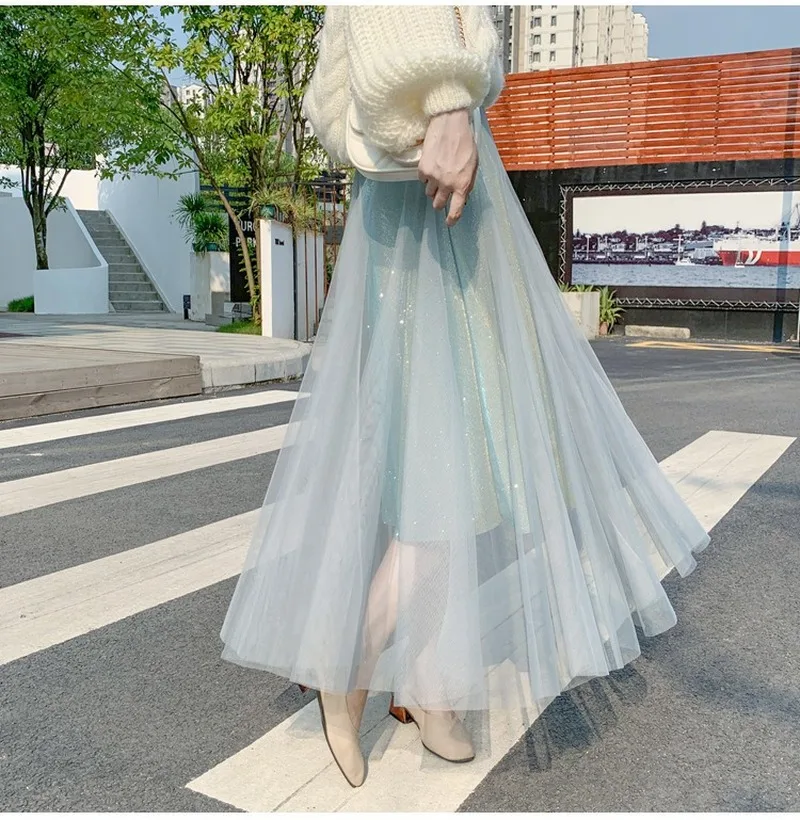Женские плиссированные юбки, новая Корейская версия, яркая сетчатая юбка halfling, высокая талия, большая юбка феи, юбки длинные для женщин