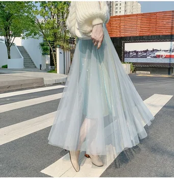 

womens pleated skirts new Korean version of flash mesh halfling skirt high waist big fairy skirt skirt long skirts for women