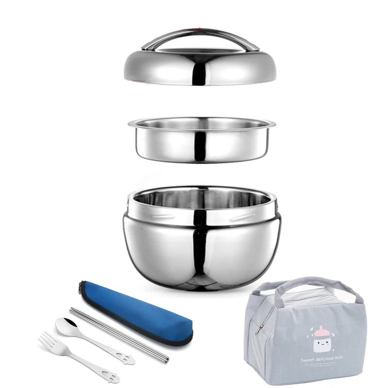 Lunch Box- Bag Set Толстая двойная стенка теплоизоляция из нержавеющей стали Ланч-бокс портативный для детей студентов взрослых Bento box Мультфильм контейнер для еды - Цвет: Lunch Box- Bag Set