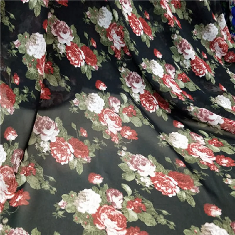 Шифоновая ткань 1 метр* 150 см с цветочным принтом из мягкого жоржета 75D платье/одежда рубашка Шитье - Цвет: black 78