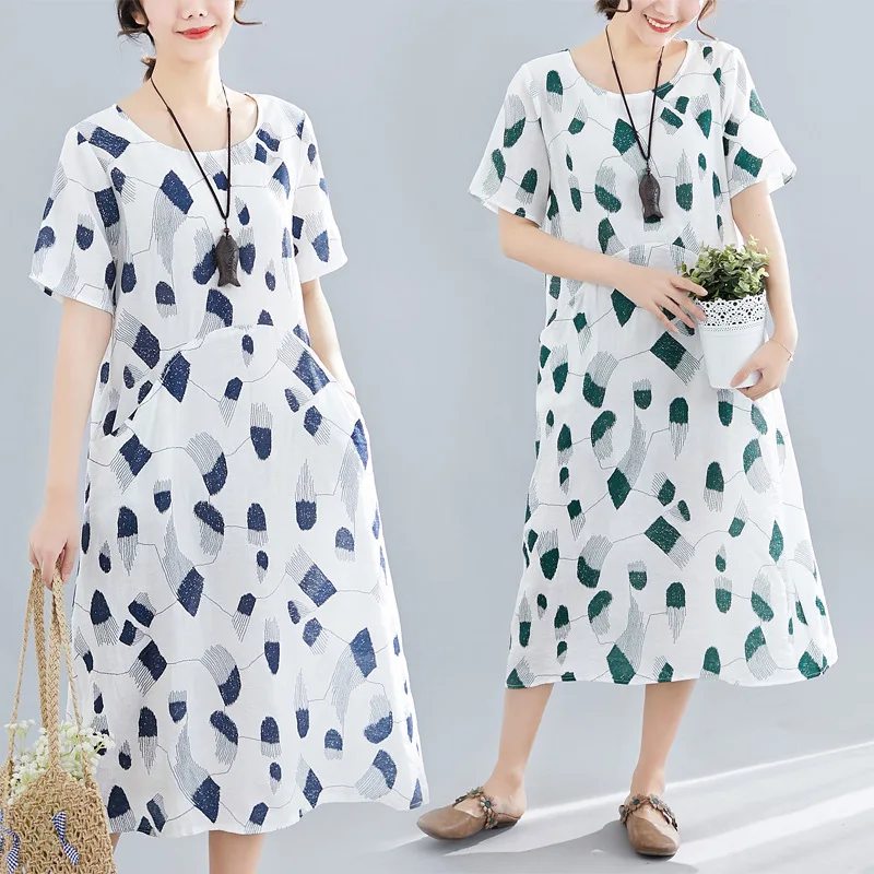 

2019 Summer Wear New Style Korean-style Large Size Dress Loose Short Sleeve Printed Cotton Linen Long Dress