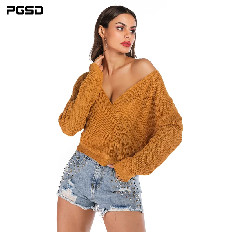 

PGSD Autumn Bat sleeve knitted women sweater Sexy backless Deep V-Neck Pullover casual loose Simple Solid Colors clothes female