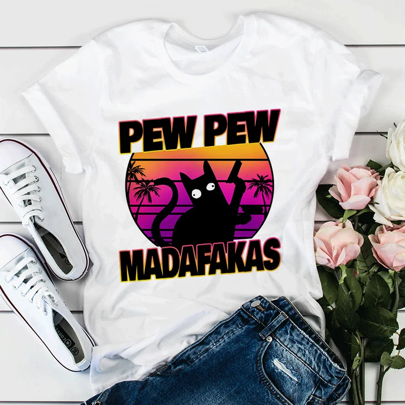 Camiseta con estampado de Pew Madafakas para mujer, camiseta divertida de gato negro asesino con pistola, camisetas de manga corta para Halloween, camisetas para mujer