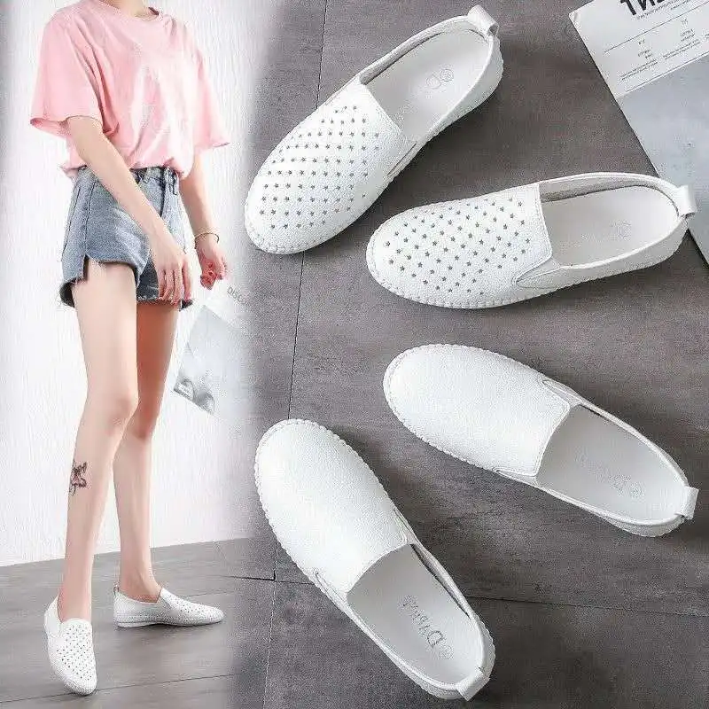 

2018 New Style Versatile Hollow out Slip-on Casual Loafers Pregnant Women Flat Keel Thin Shoes White Shoes Women's Summer