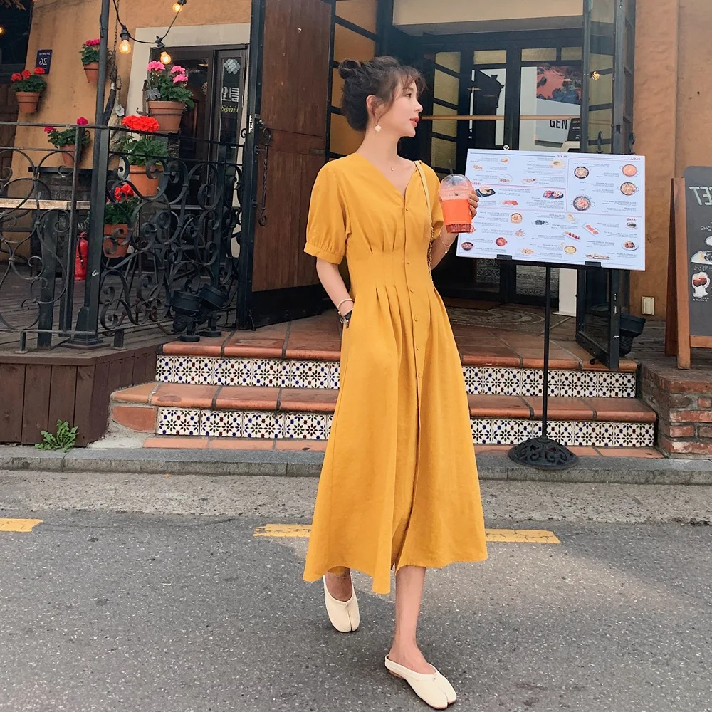 

Photo Shoot 2019 Summer New Style INS WOMEN'S Dress French Retro Laziness-Style Single-Breasted Waist Hugging Slimming V-neck Dr
