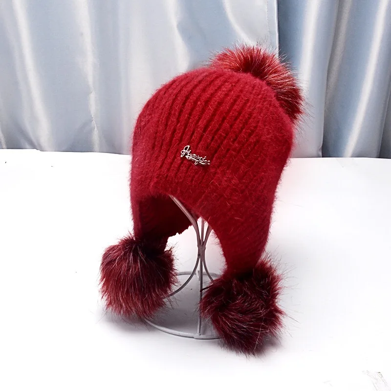 Wine Red Женская осенне-зимняя Модная трикотажная шляпа, Повседневная модная универсальная Милая шапка с большим шерстяным помпоном, теплая уличная шапка из кроличьей шерсти - Цвет: Wine Red