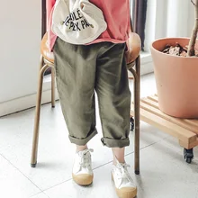 Повседневные штаны для мальчиков и девочек г., весенняя одежда из хлопка и льна стиль, корейский стиль, однотонная детская футболка унисекс