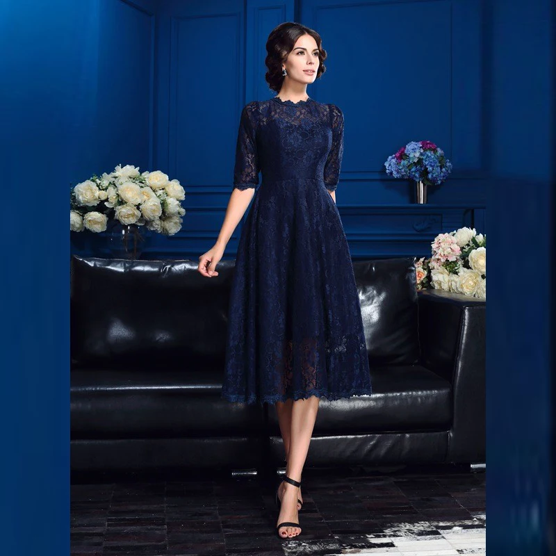 

New Delicate Navy Blue Short Lace Mother of the Bride Dresses Tea Length Half Sleeves A Line Wedding Guest Dresses Hot Sale