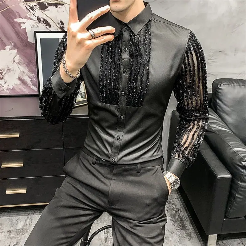Men Casual Shirt Sexy Tassels Groomsman Shirt Long Sleeve Lace Party Bar Casual Spring Autumn Outdoor Collared Dance Korean Men Blouses