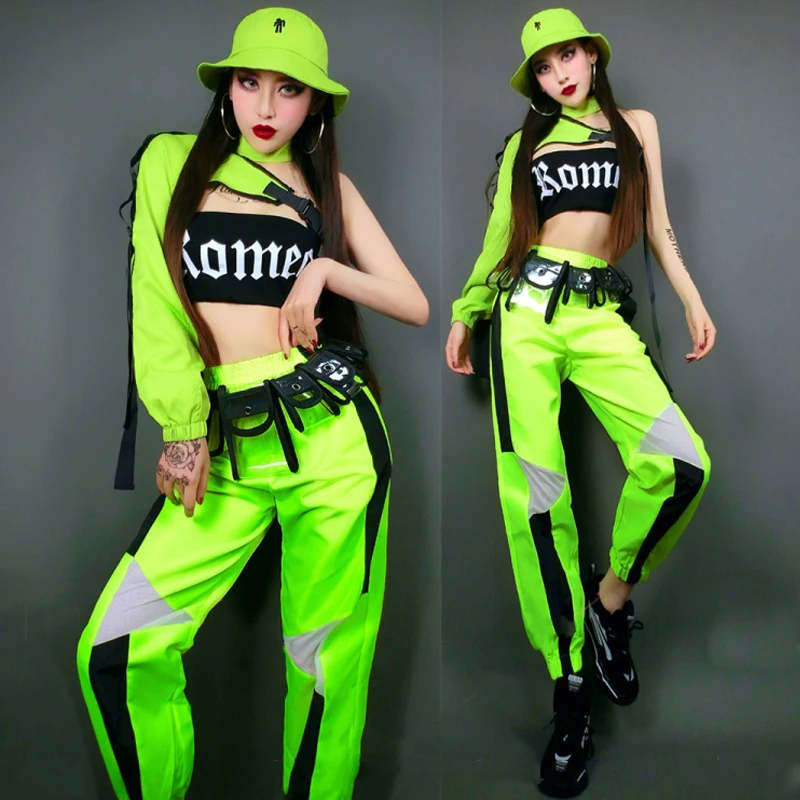 de Hip Hop para mujer, traje verde fluorescente, pantalones de Hip Hop, actuación de Bar, Dj, Gogo, ropa de baile, DNV14375 _ - AliExpress Mobile