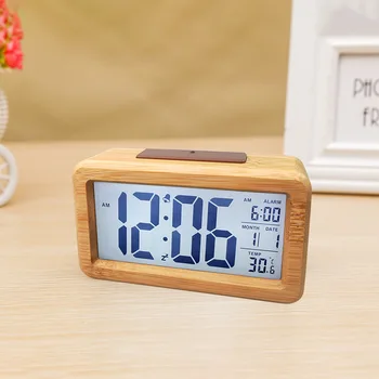 

Table Electronic Clock Solid Wood Desk Alarm Clock Fashion Light Intelligent Sensor Clock Home Retro Decor LED Digital Clocks