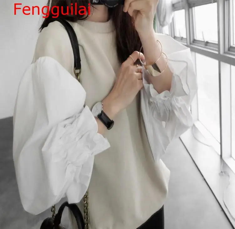 Long Sleeve Shirt Women Fashion Lantern Sleeve T Shirt Top Women O Neck Cotton Patchwork Fall Winter Casual T-Shirt