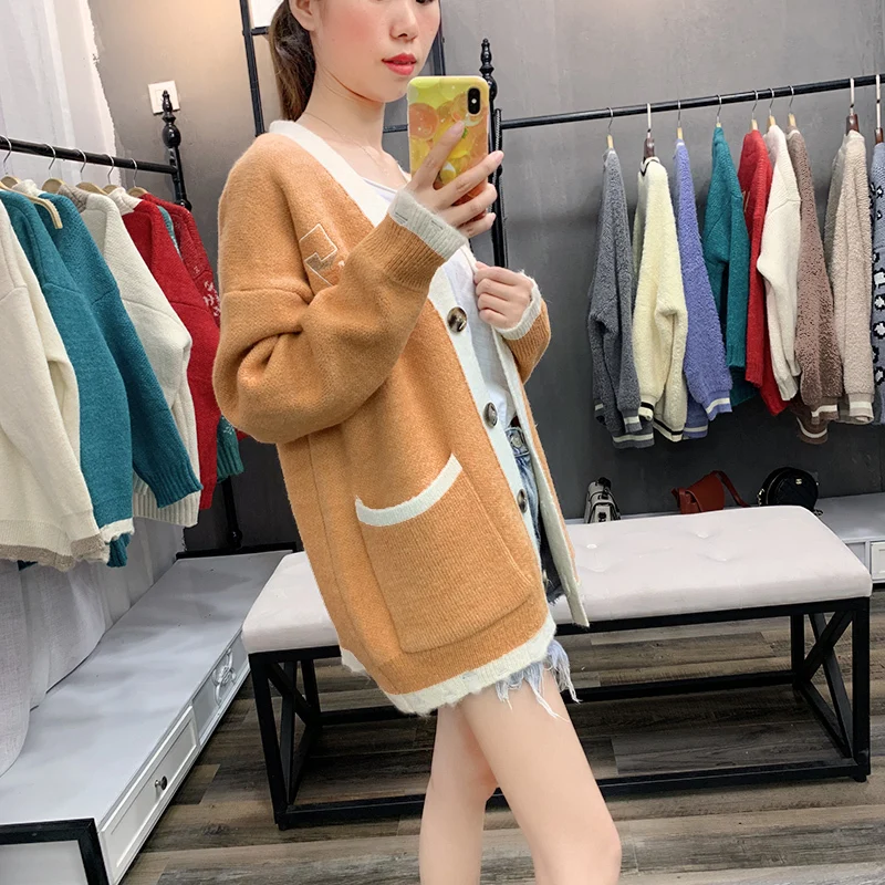 Light brown Модный кардиган с вышивкой с надписью Feminino женский зимний теплый свитер Женский Повседневный длинный кардиган пончо Pull Femme - Цвет: Light brown