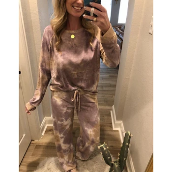 

Pajamas Long Sleeve Tie Dye Purple Lounge Wear Sleepwear Homewear Casual Outfits 2pcs Pajama Set Women Plus Size Dropship