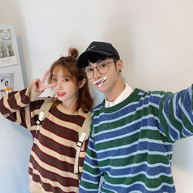 Autumn New Striped Sweater Men Fashion Contrast Color Casual Knit Sweter Streetwear Wild Loose Long-sleeved Pullover Men Clothes