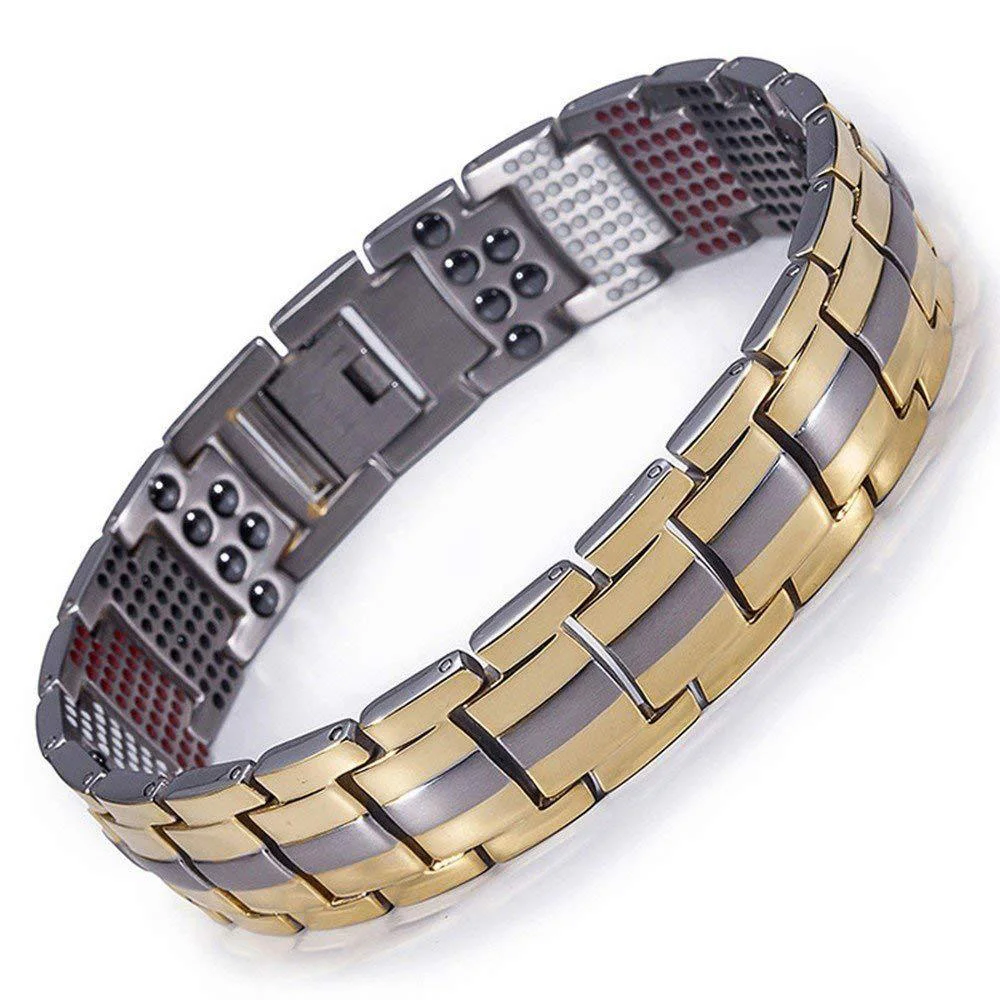 FINE4U B390 Double Row Strength 4 Element Titanium Magnetic Therapy Bracelet For Arthritis Pain Relief