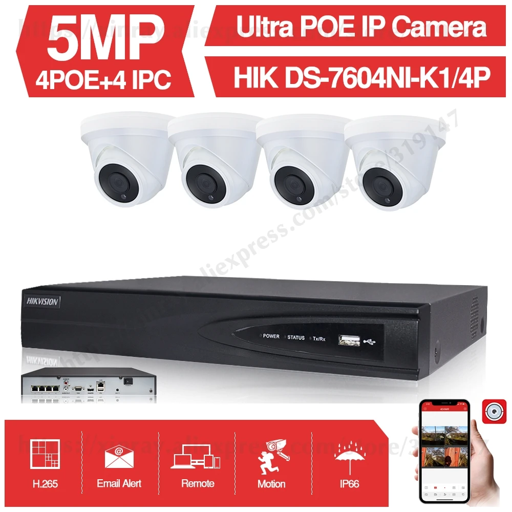 4CH CCTV система 4 шт. ультра 5MP купольная камера безопасности POE с Hikvision 4 POE NVR DS-7604NI-K1/4 P DIY комплекты видеонаблюдения