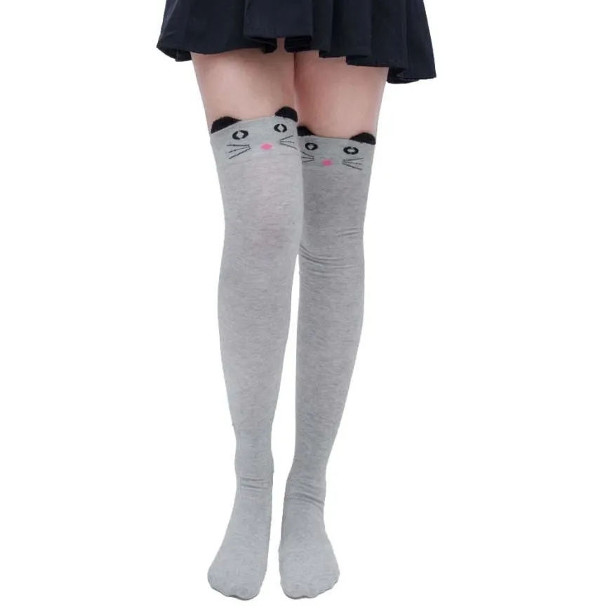 Женские мультяшный Кот Длинные носки выше колена высокие носки Длинные носки с принтом животных calcetines mujer divertido Зимние гетры - Цвет: Gray