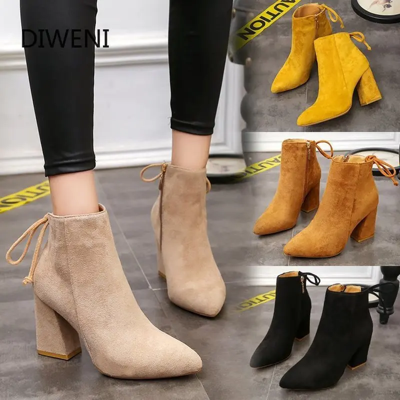 

DIWEINI Women Ankle Boots 2019 Black Flock Winter Fashion Med High Heel Boots for Ladies Pointed Toe Plus Size Women Shoes