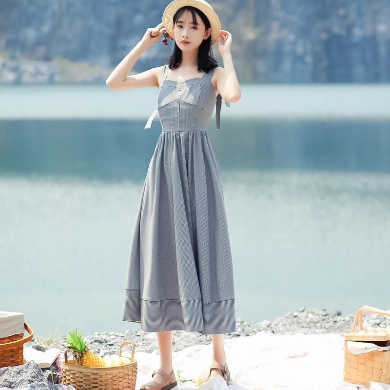 

Women Casual Long Dress New Arrival Fashion Sweet Style Sleeveless Vintage Plaid Elegant A-line Ladies Party Dresses S047