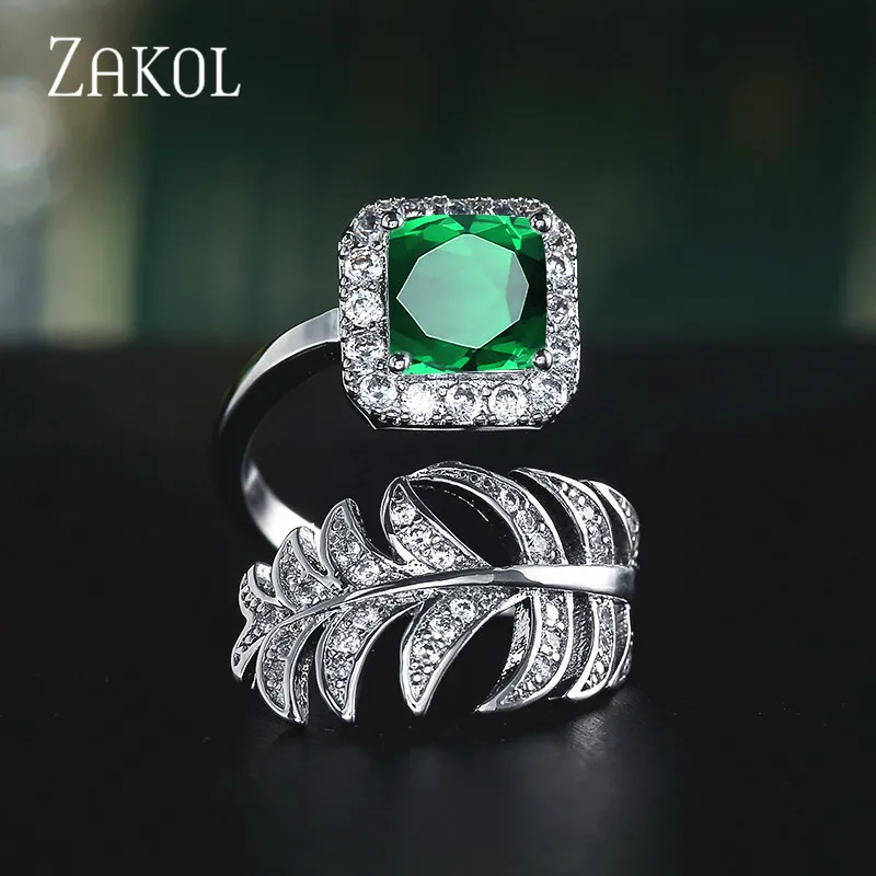 Green ZAKOL роскошные микро Квадратные Cz Циркон Проложить Установка лист палец кольцо для женщин Свадебная вечеринка модные украшения Весна Anneaux FSRP2032 - Цвет основного камня: Green