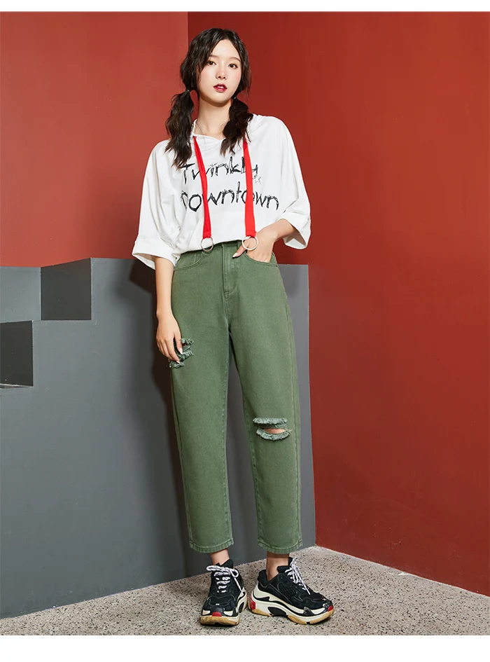 Женские свободные джинсы LEIJIJEANS, модные рваные джинсы с высокой ...