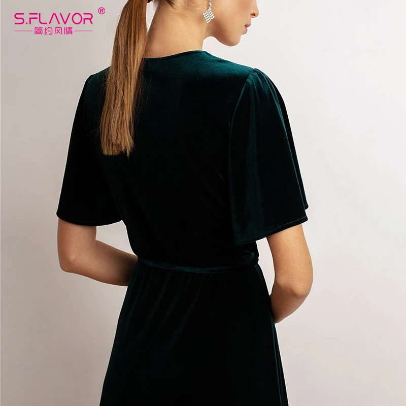 S.FLAVOR; сезон весна; вельветовые зеленое платье для Для женщин сексуальный v-образный вырез короткий рукав вечерние платье Для женщин Чай Break платье