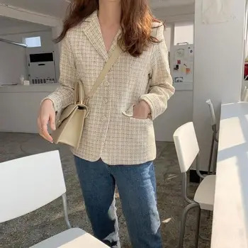 

Winter Women Short Blazers Coat Fashion Lapel Single Breasted Plaid Blazers Office Lady Work Jackets