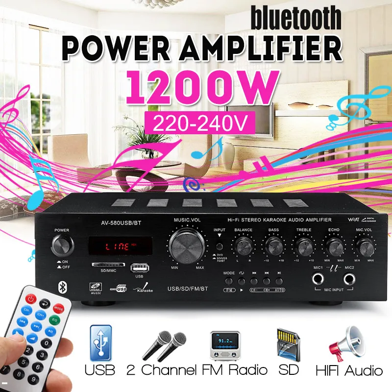 

1200W Professional Audio Powers Amplifier bluetooth HF Home Theater Car Amplifiers Subwoofer Remote Control Support FM USB SD